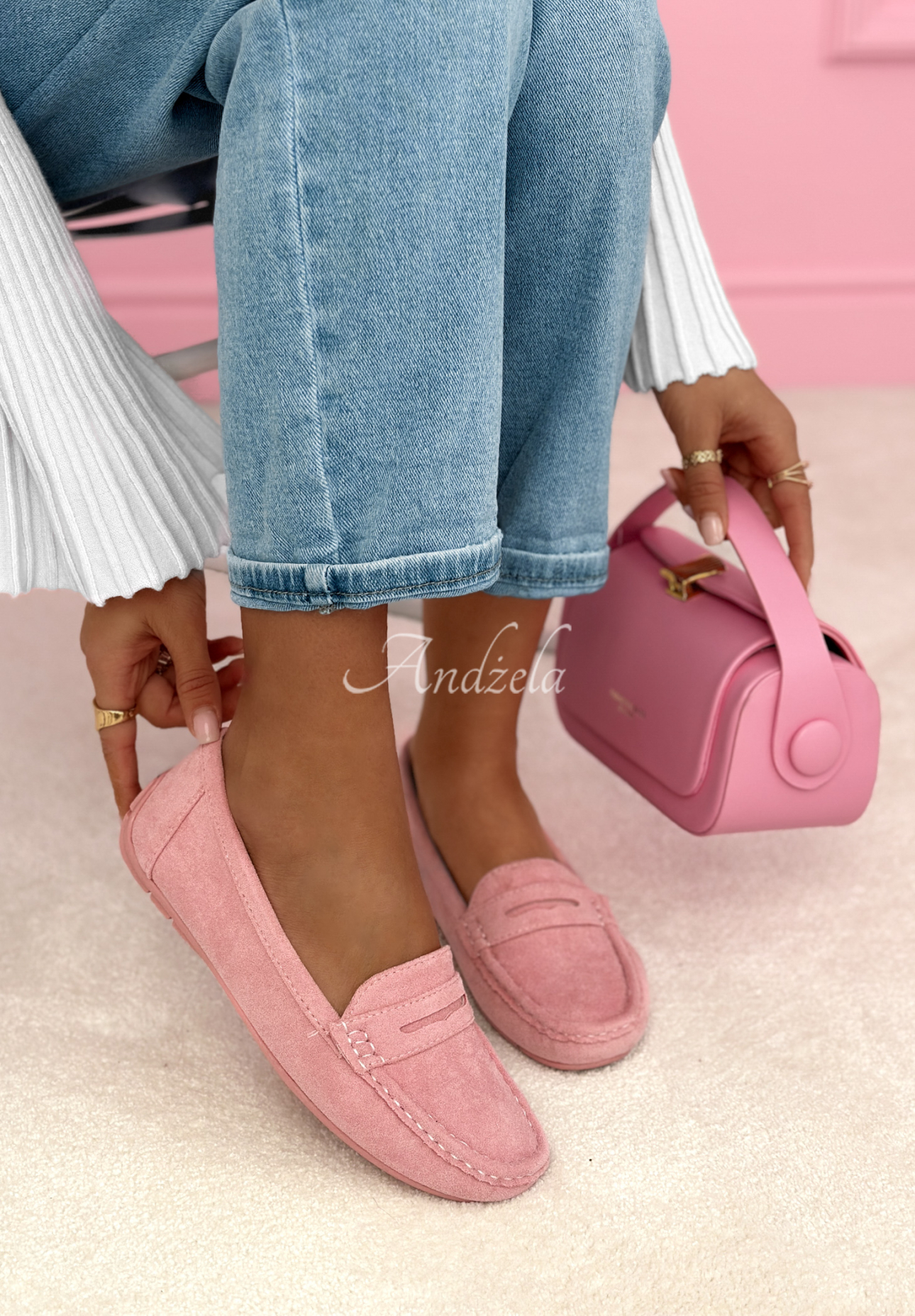 Nadine powder pink suede moccasins