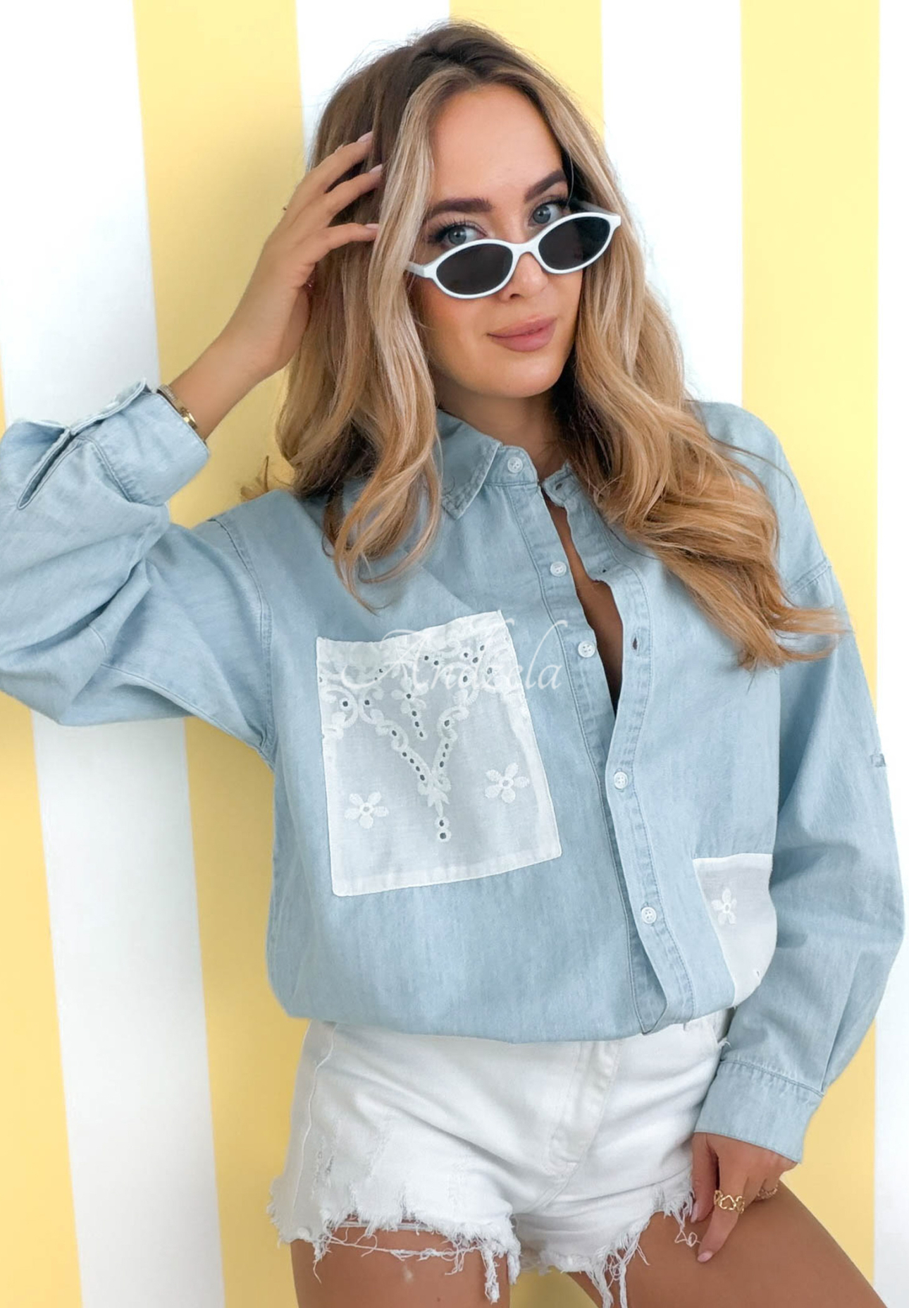 Side To Side light blue denim shirt with lace