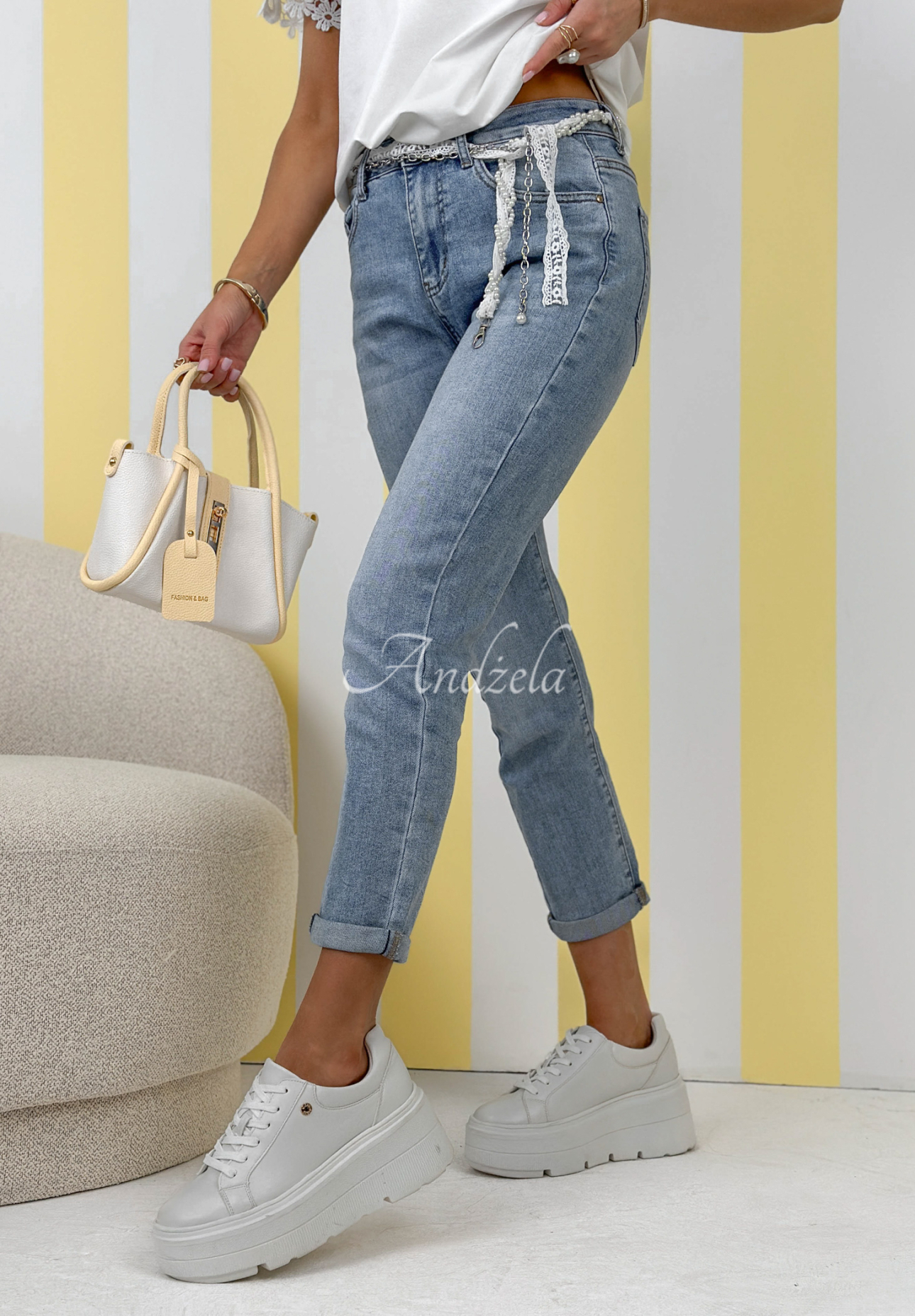 Spodnie jeansowe z paskiem Belle niebieskie