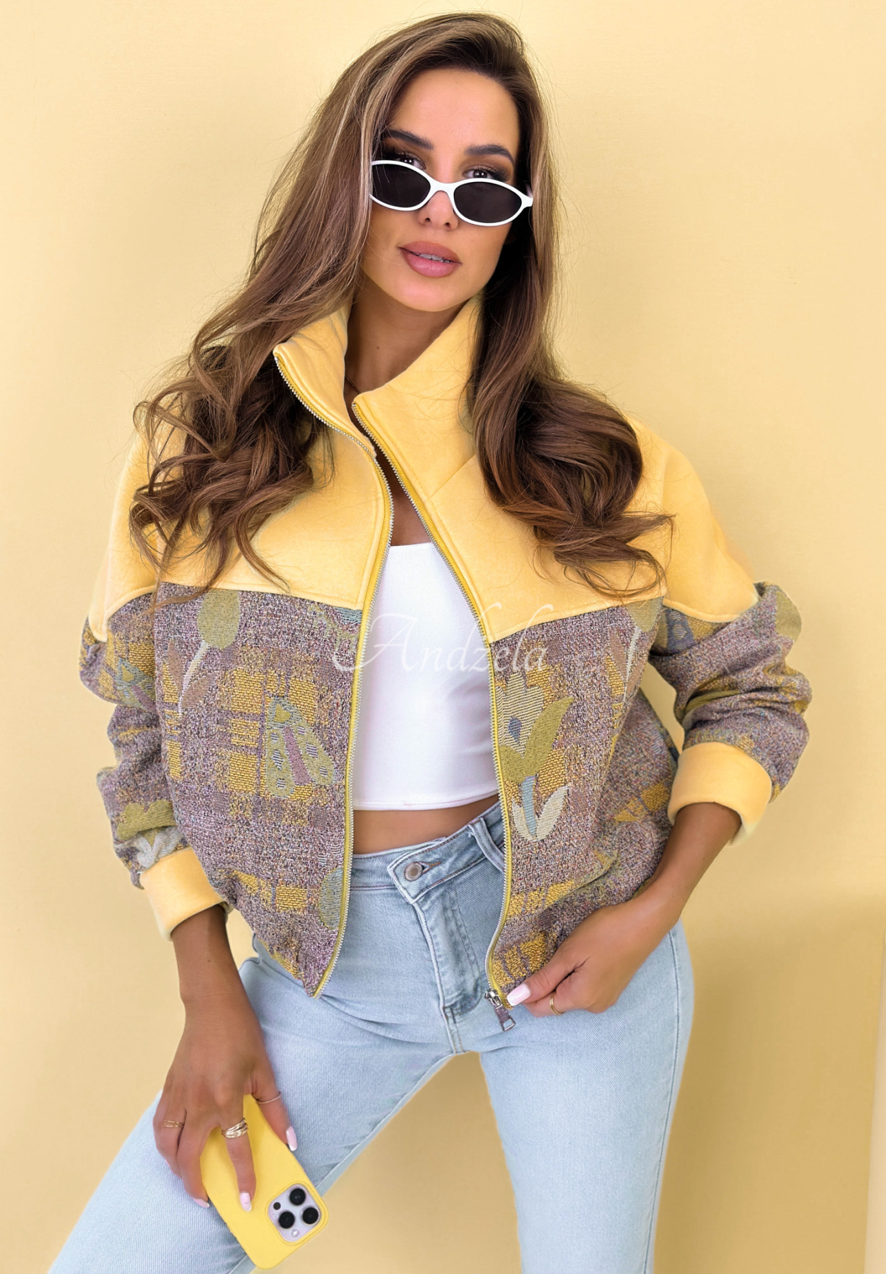 Bawełniana bluza ze stójką we wzory Alice żółta