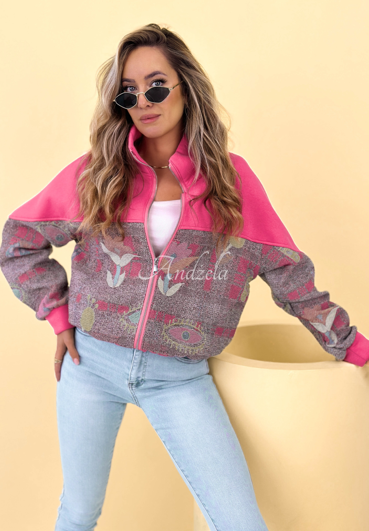 Cotton sweatshirt with stand-up collar and Alice patterns, fuchsia