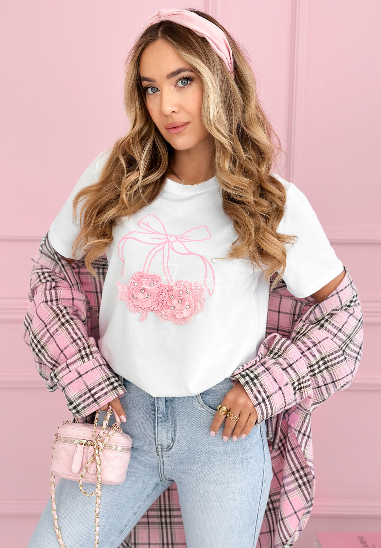 Bawełniany T-shirt z nadrukiem Pink Bow biały