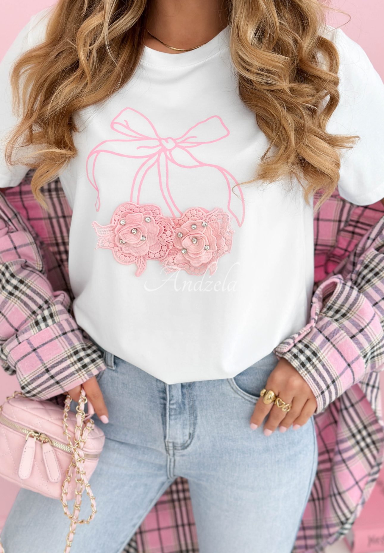 Bawełniany T-shirt z nadrukiem Pink Bow biały