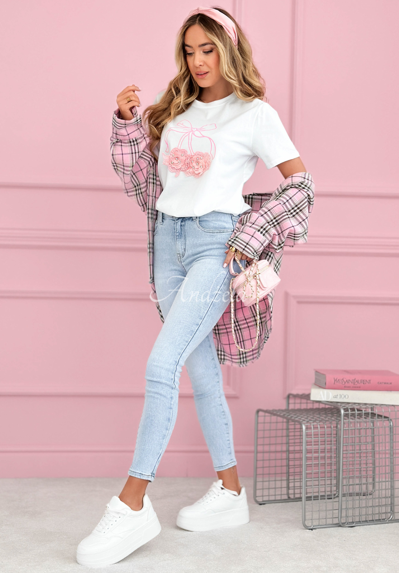 Bawełniany T-shirt z nadrukiem Pink Bow biały