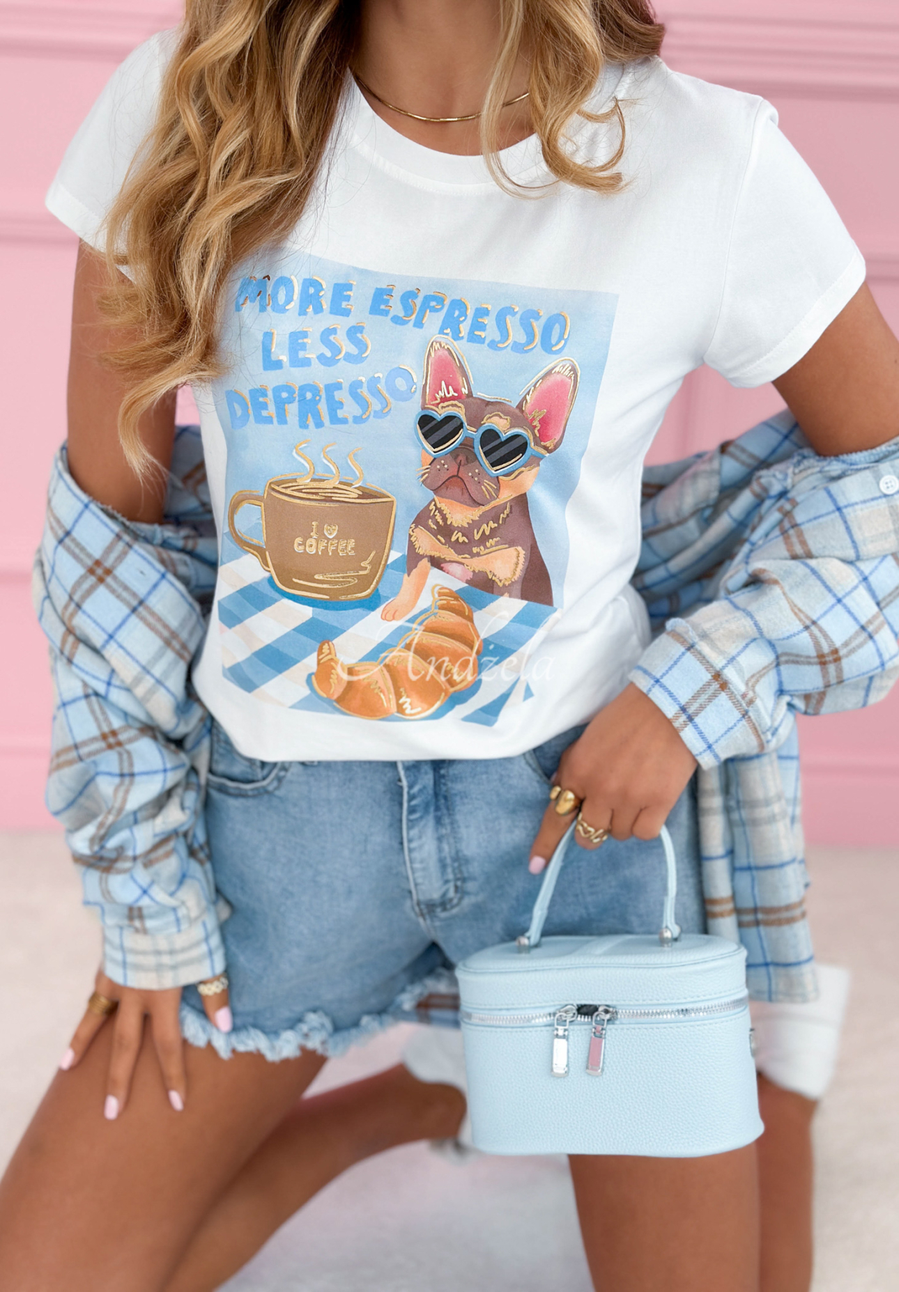 Cotton T-shirt with More Espresso print, white and blue