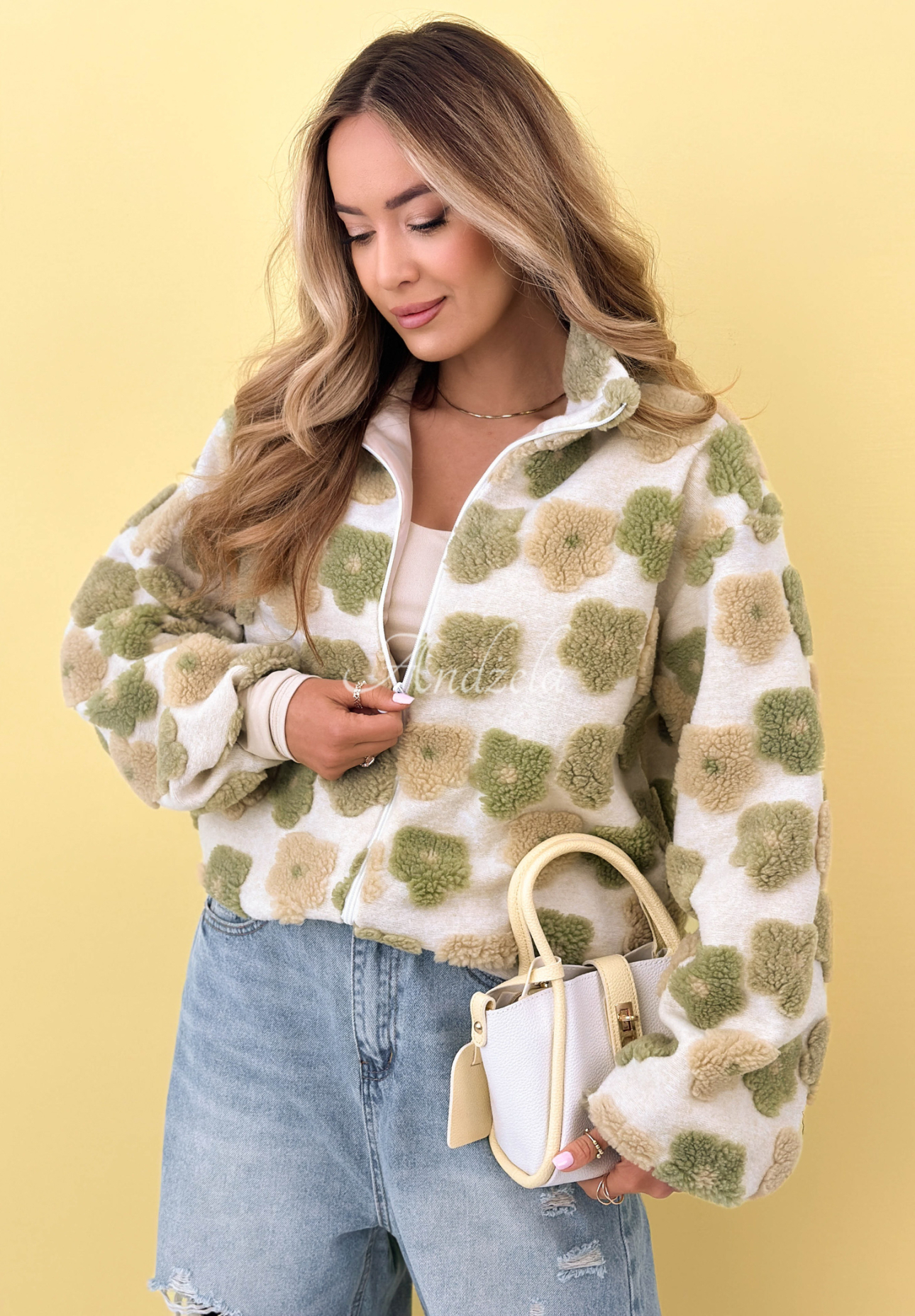 Floral wool jacket with stand-up collar Garden of Blooms beige and green