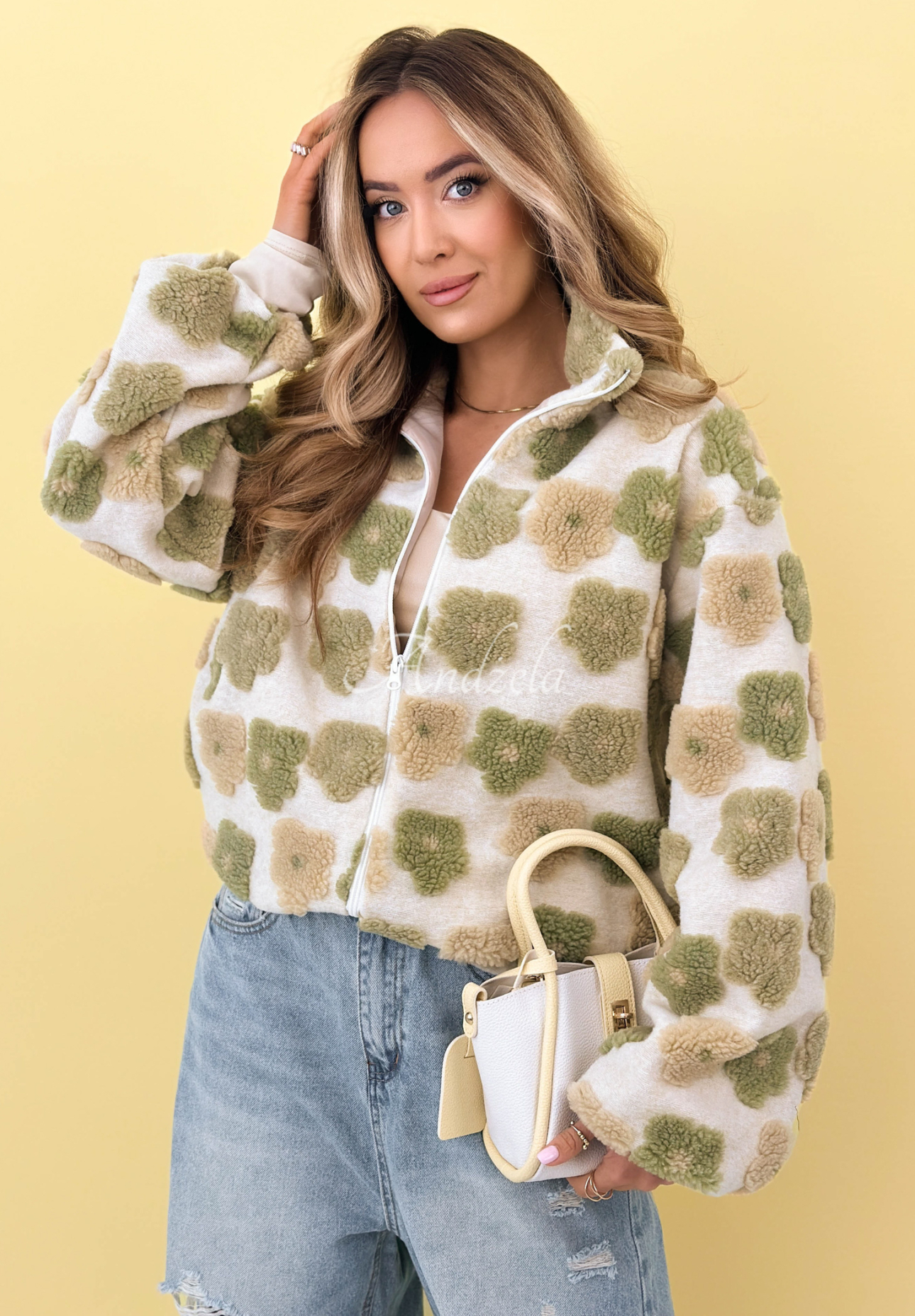 Floral wool jacket with stand-up collar Garden of Blooms beige and green