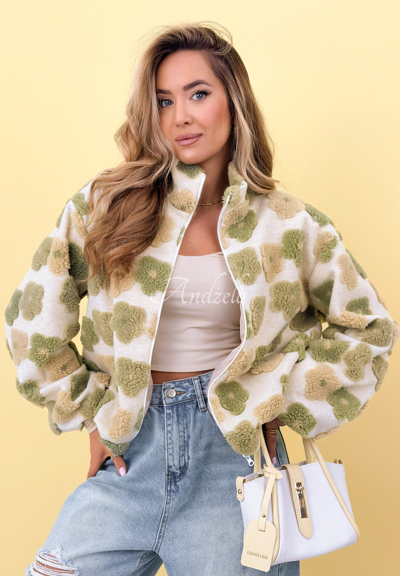 Floral wool jacket with stand-up collar Garden of Blooms beige and green