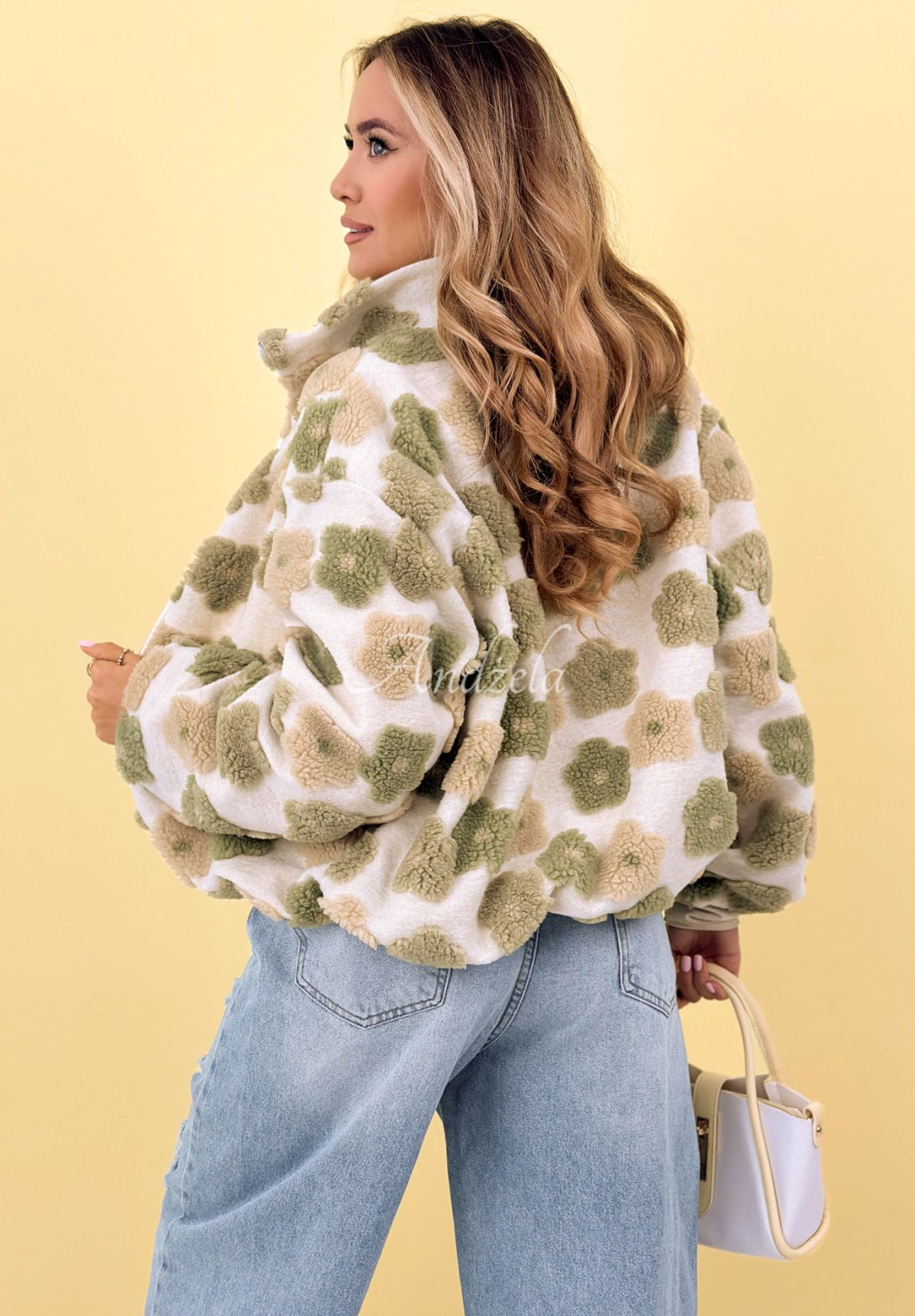 Floral wool jacket with stand-up collar Garden of Blooms beige and green