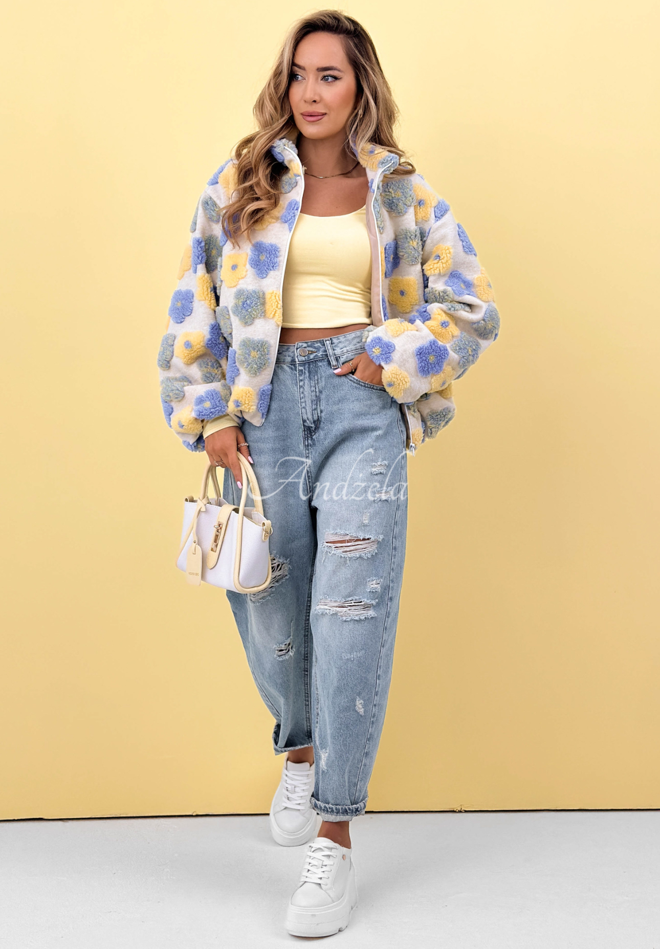 Floral wool jacket with stand-up collar Garden of Blooms blue and yellow