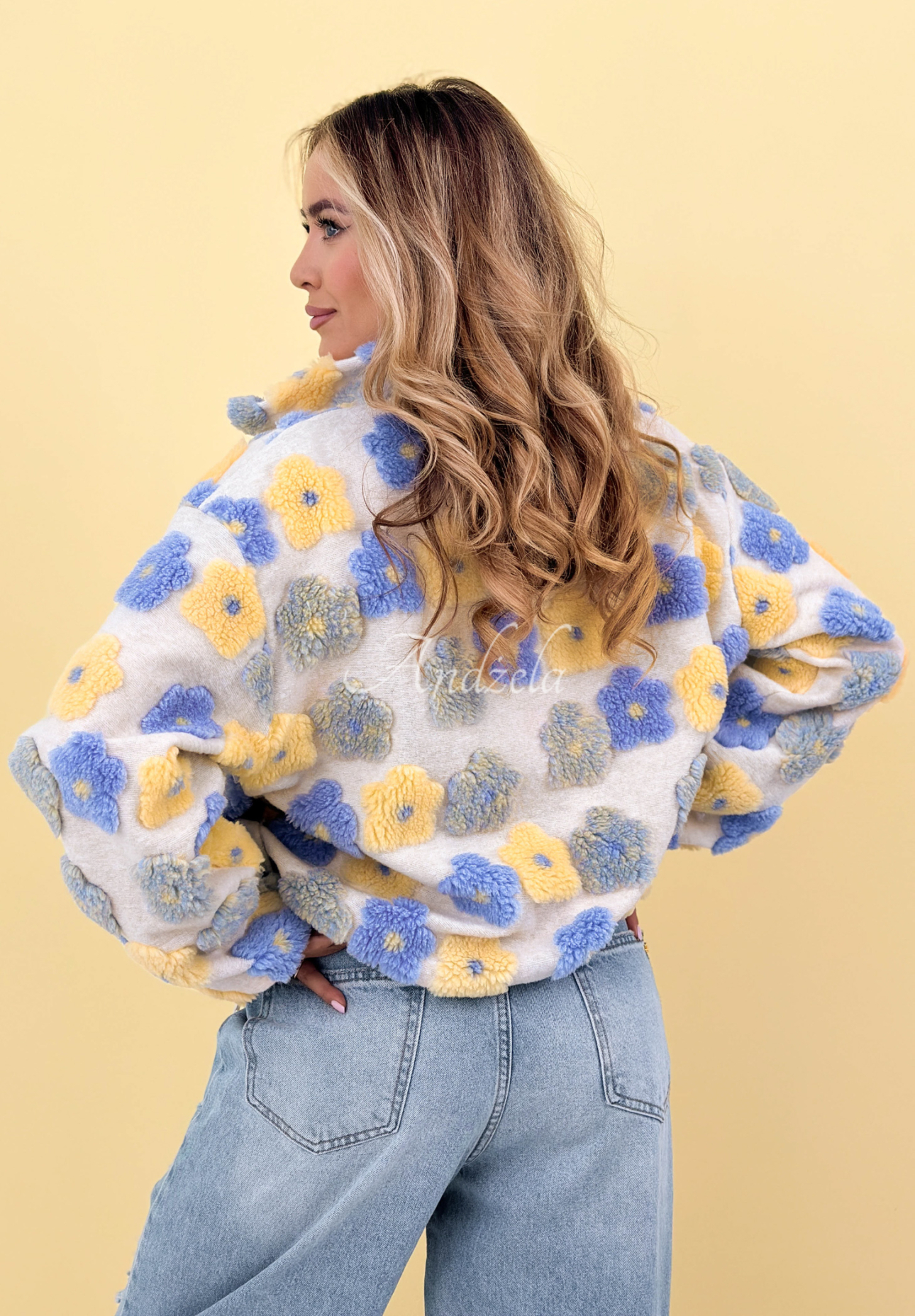 Floral wool jacket with stand-up collar Garden of Blooms blue and yellow