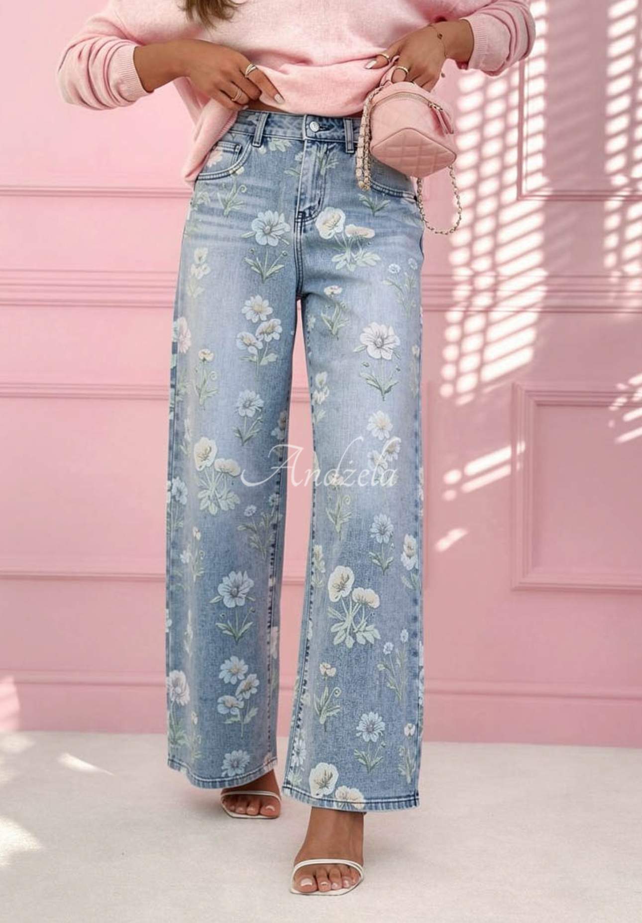 Florimel light blue wide-leg floral jeans