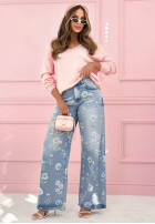Spodnie jeansowe wide leg w kwiaty Florimel jasnoniebieskie