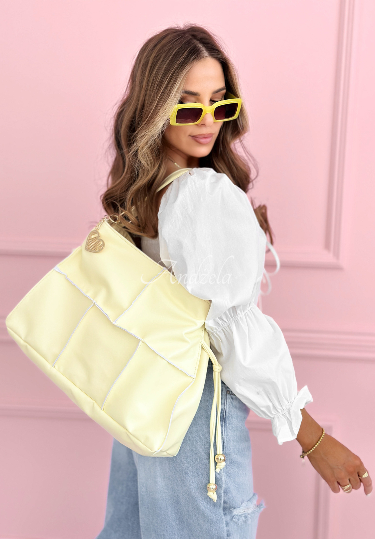 Torebka z ozdobnymi przeszyciami Everyday Smile żółta