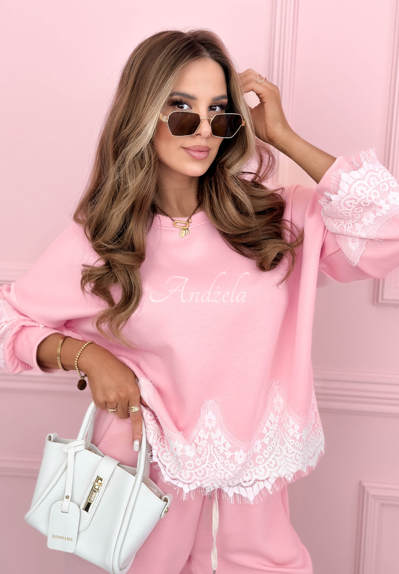 Wiskozowy komplet dresowy masełko z koronką Lace Trace różowy