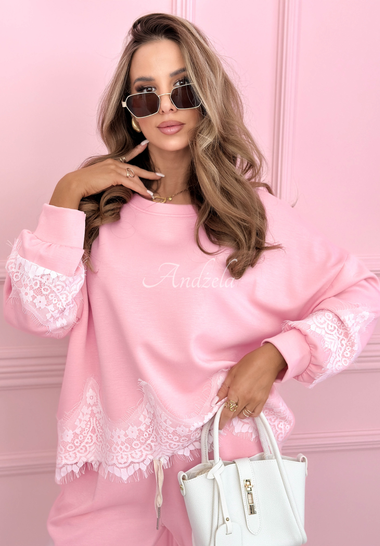 Wiskozowy komplet dresowy masełko z koronką Lace Trace różowy