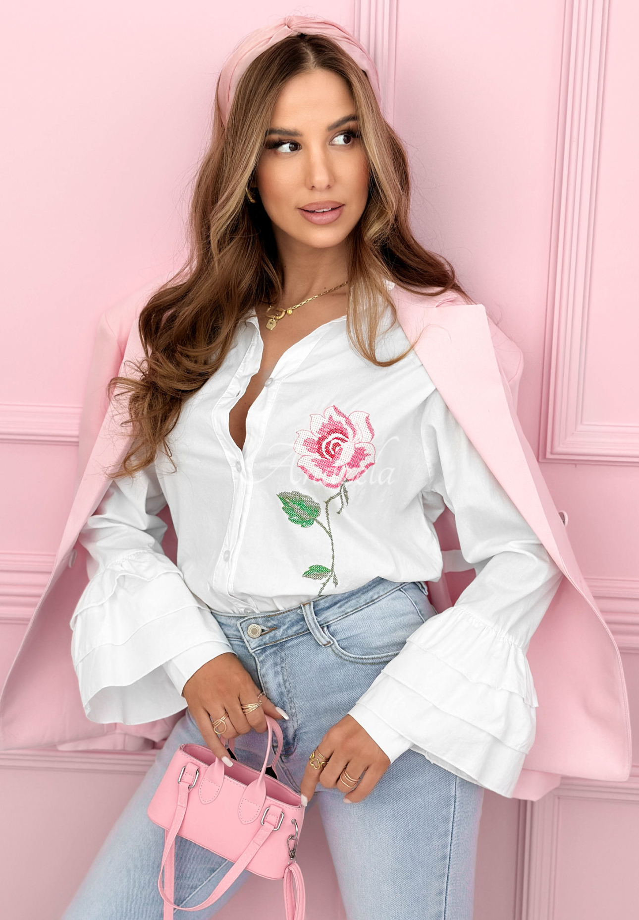 Cotton shirt with frills and embroidered rose Rosy Declaration white
