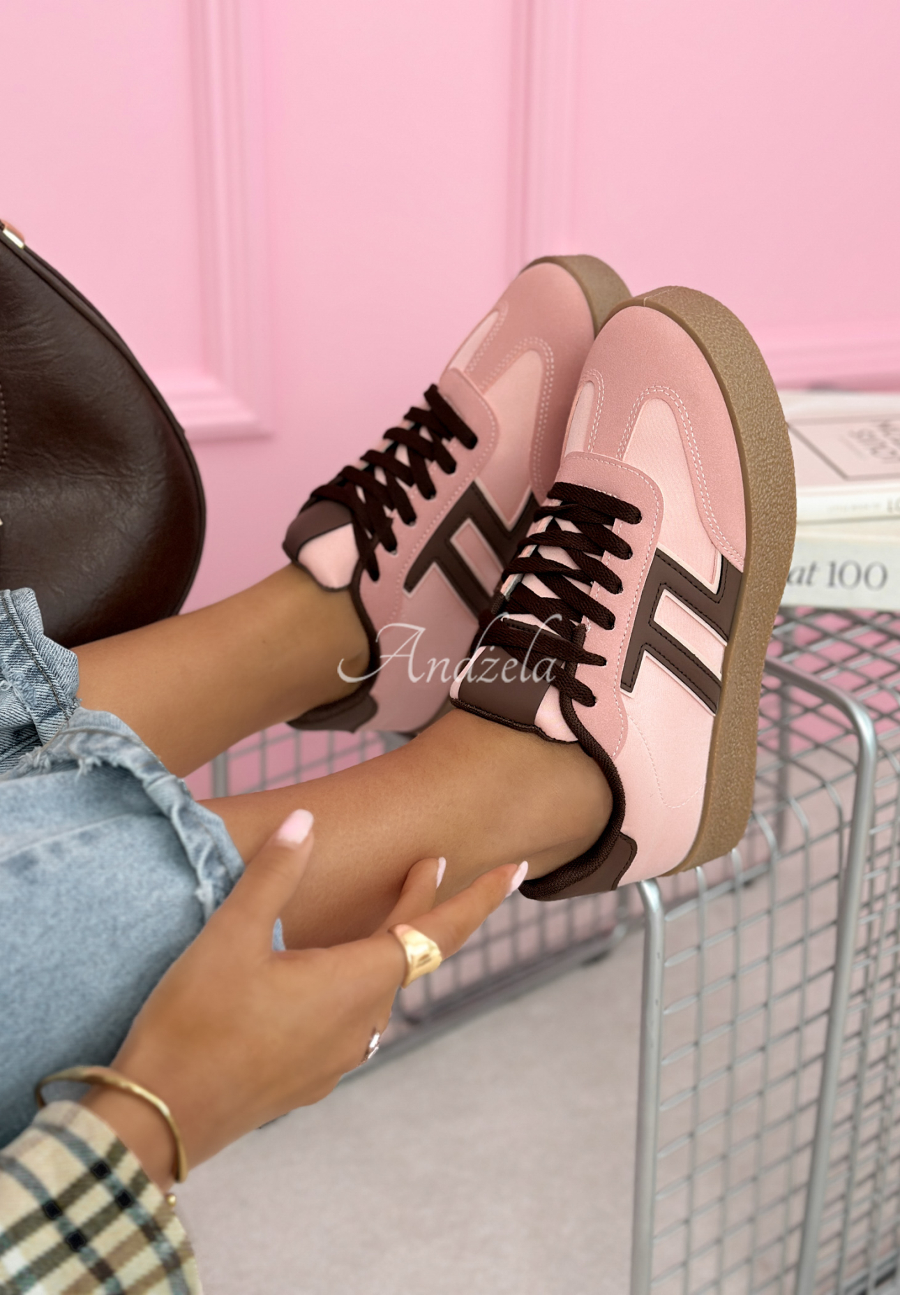 Gotta Keep Going sneakers in pink and chocolate brown