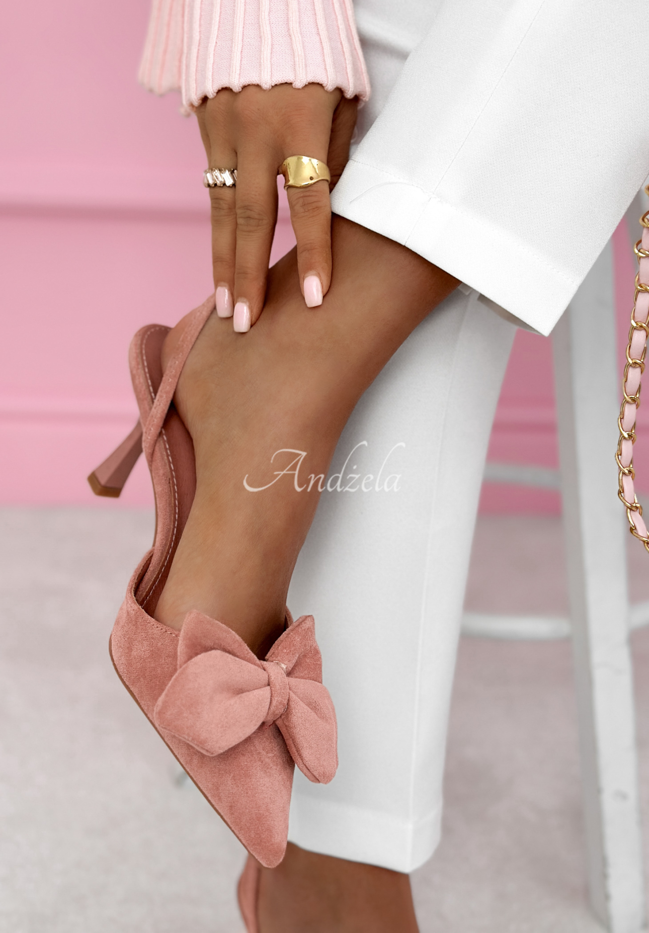 Jade powder pink high-heeled sandals with bow
