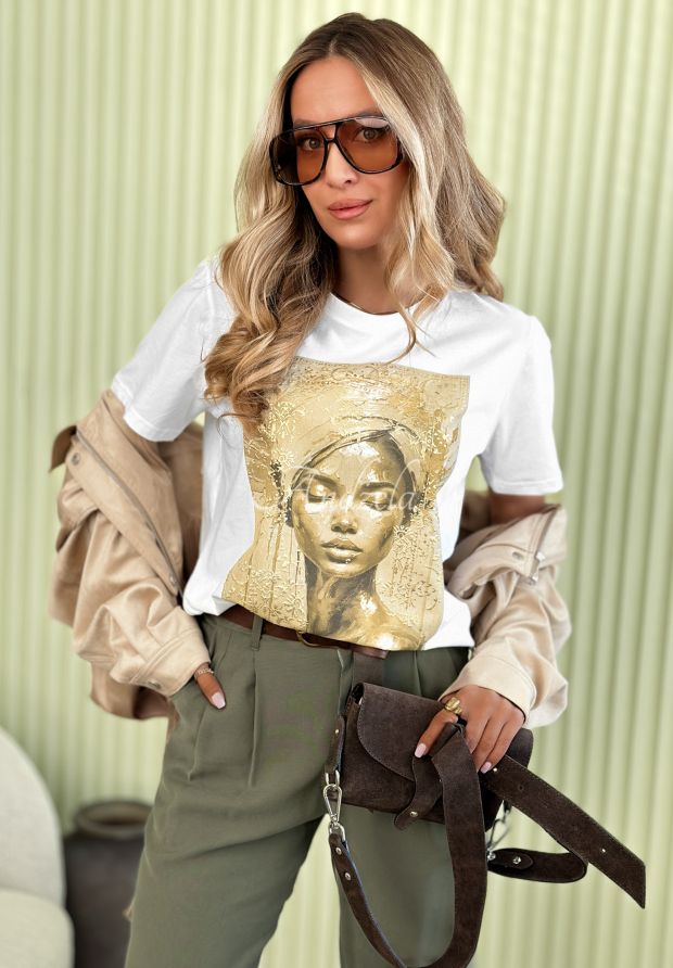 Bawełniany t-shirt z nadrukiem Golden Lady biały