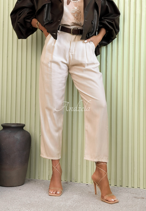 Eleganckie spodnie mom fit z wiskozy z paskiem Never Limit Yourself beżowe