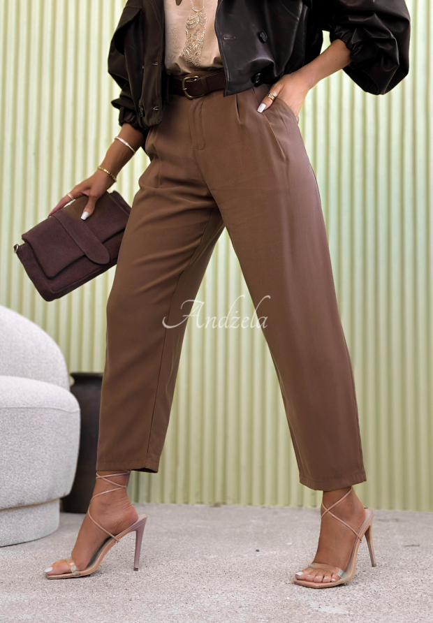 Elegant mom fit viscose pants with Never Limit Yourself belt in camel