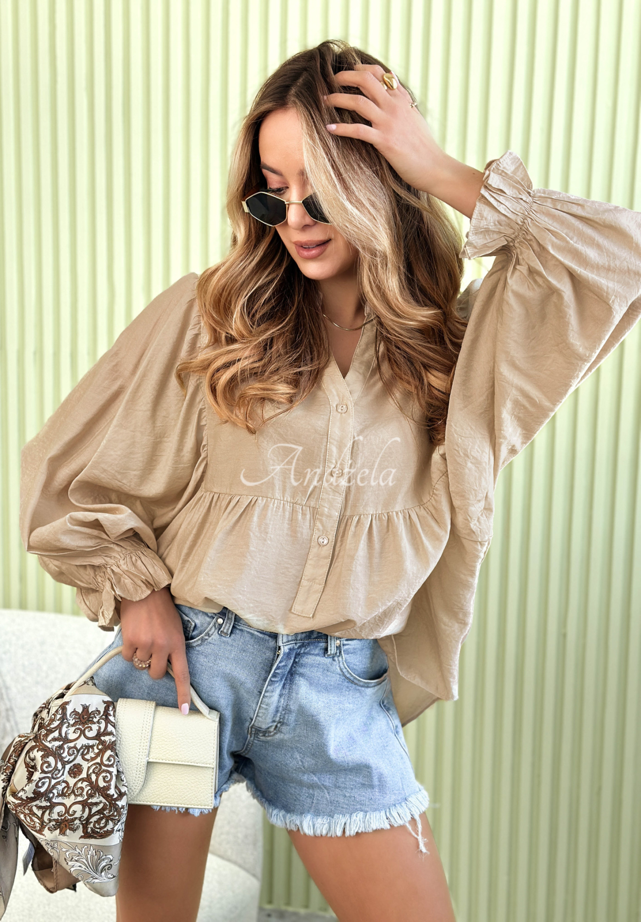 Lekka koszula z bufiastymi rękawami Spring Poems beżowa