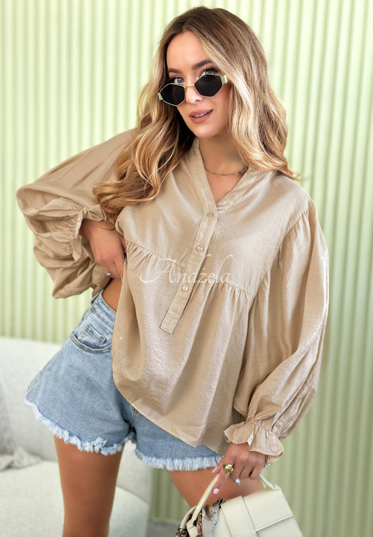 Lekka koszula z bufiastymi rękawami Spring Poems beżowa