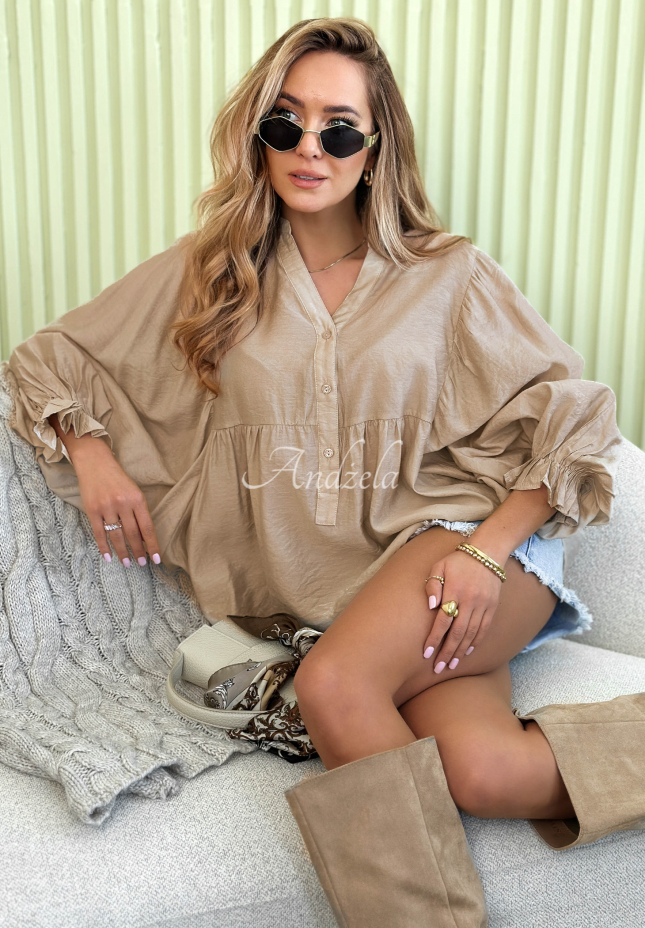 Lekka koszula z bufiastymi rękawami Spring Poems beżowa