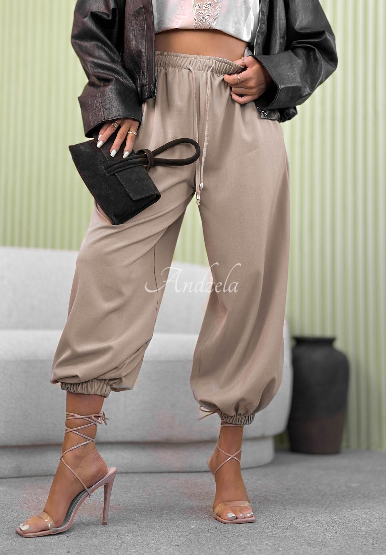 Cosima mocha fabric jogger pants with elastic waistband