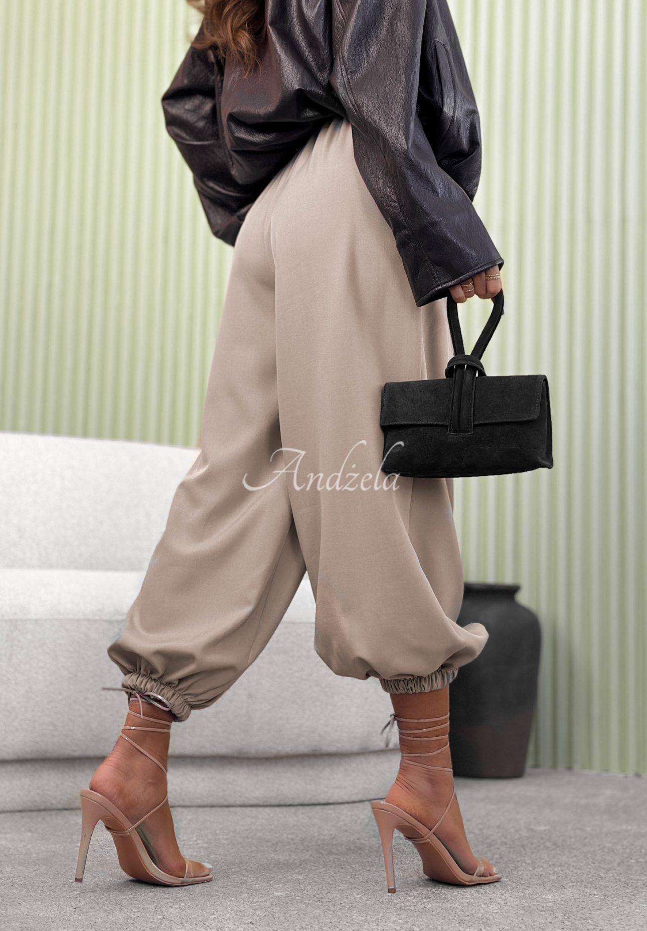 Cosima mocha fabric jogger pants with elastic waistband