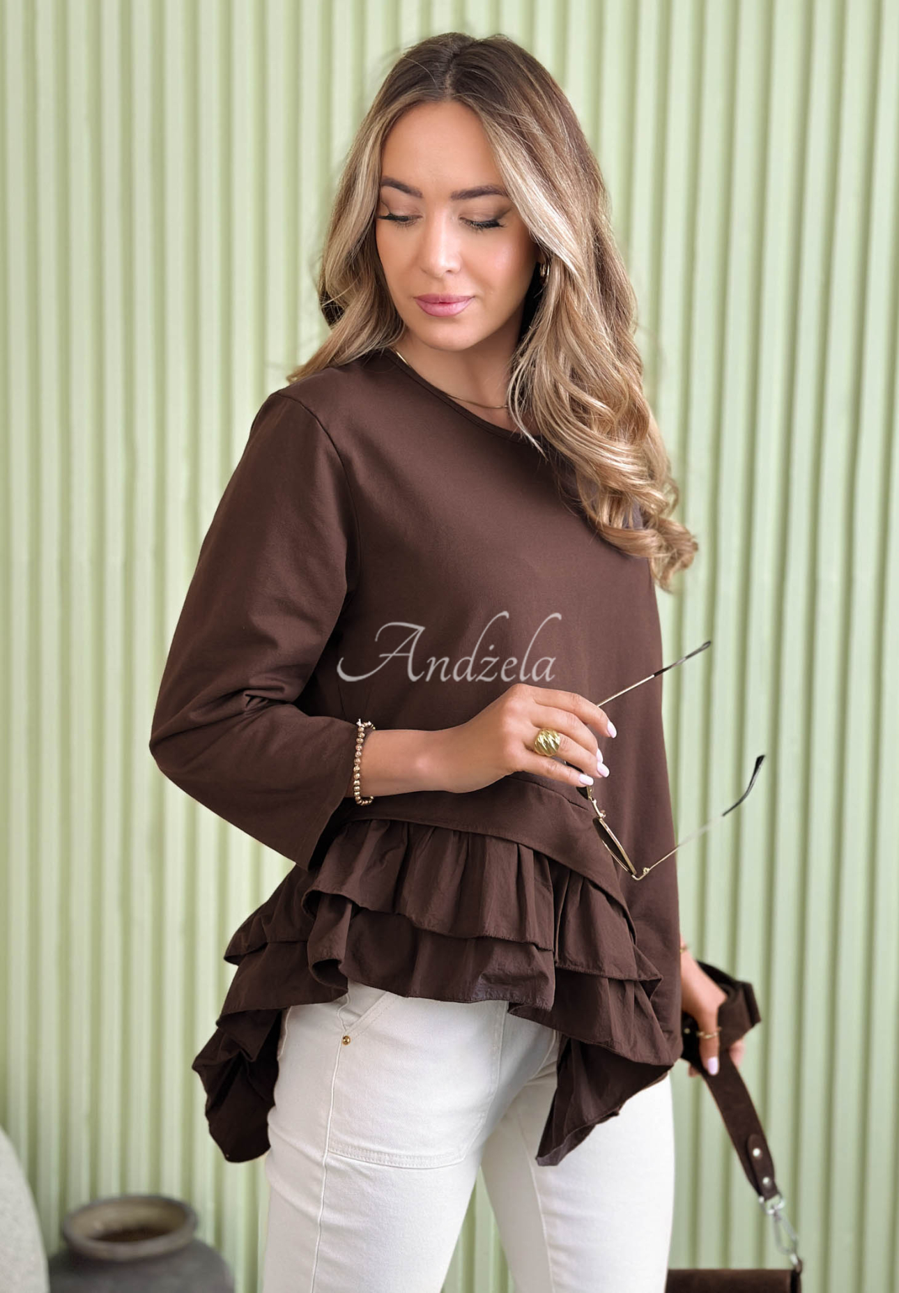 Asymetryczna bawełniana bluzka z falbankami Ruffle Lady czekoladowa