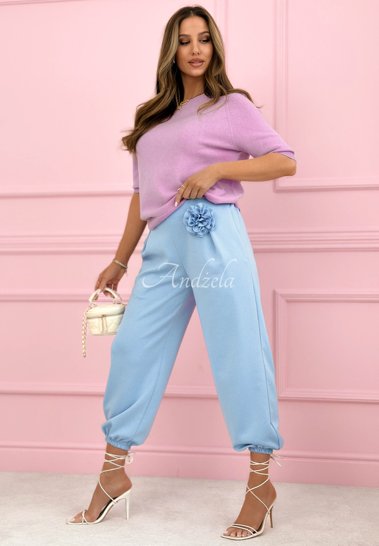 Viscose sweatpants, butter with Blossom Symphony rose, sky blue