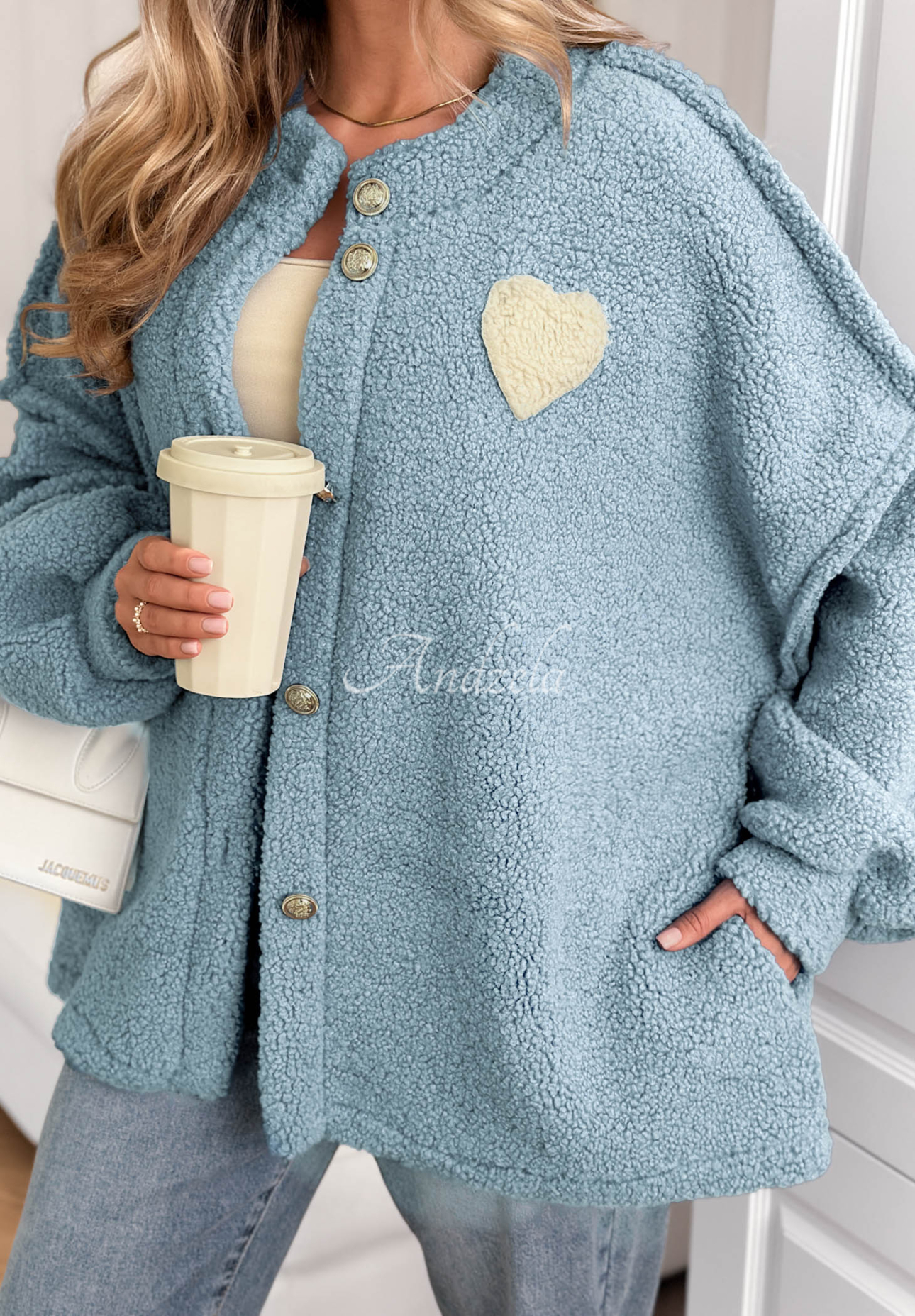 April Feels short sherpa sheepskin jacket, blue