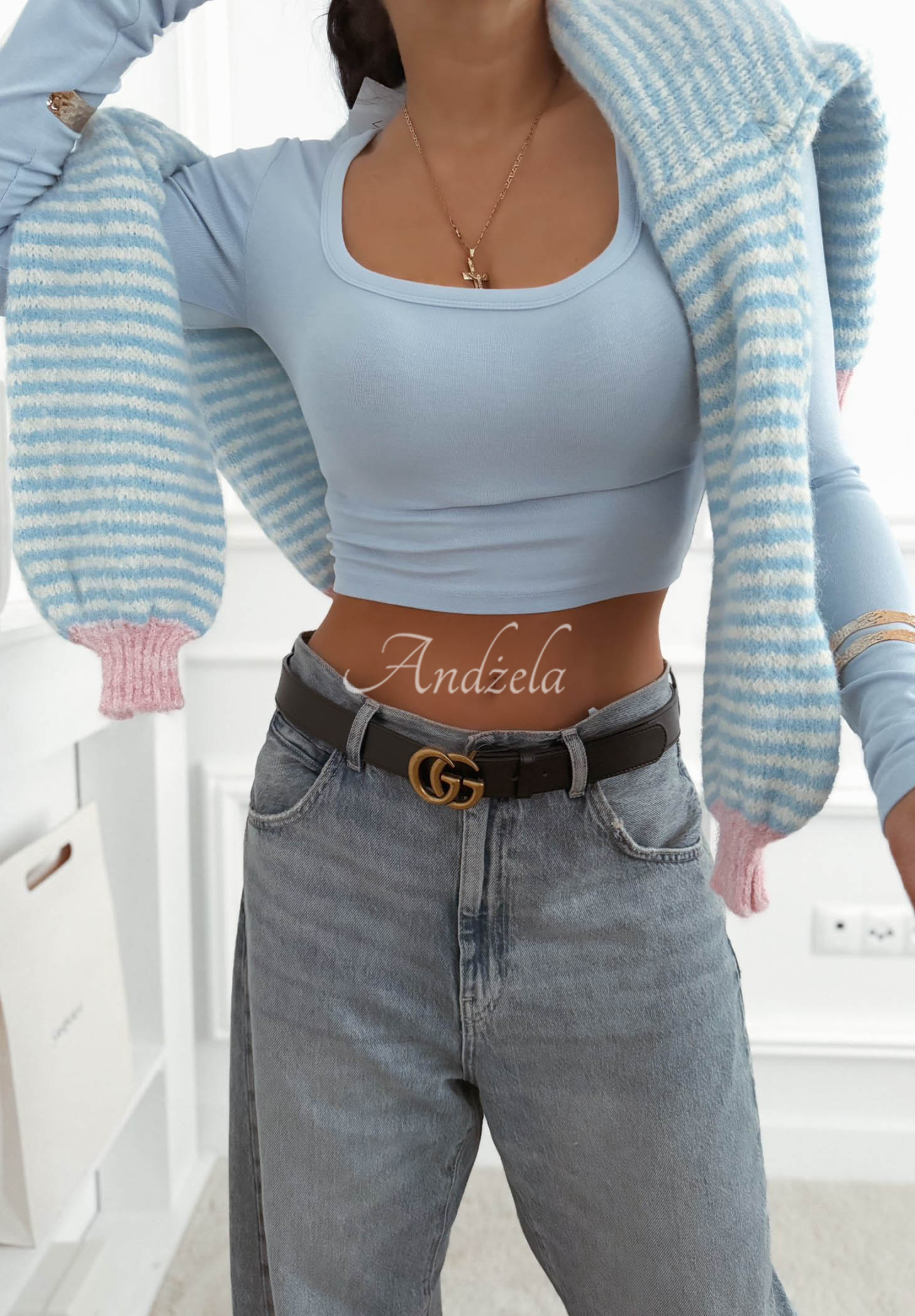 Wasn’t Ready short viscose blouse with square neckline, sky blue 