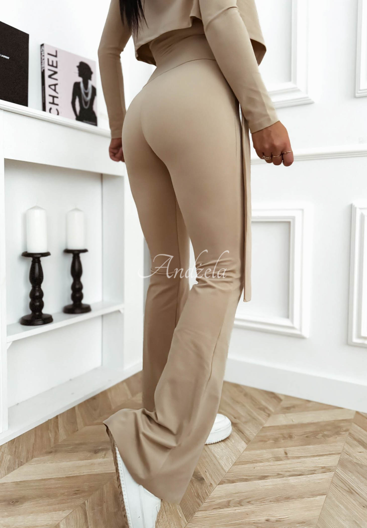Can’t Stop beige viscose bell-bottom leggings