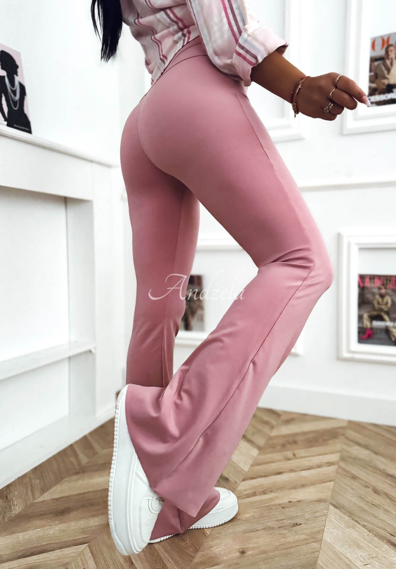 Can’t Stop powder pink viscose bell-bottom leggings