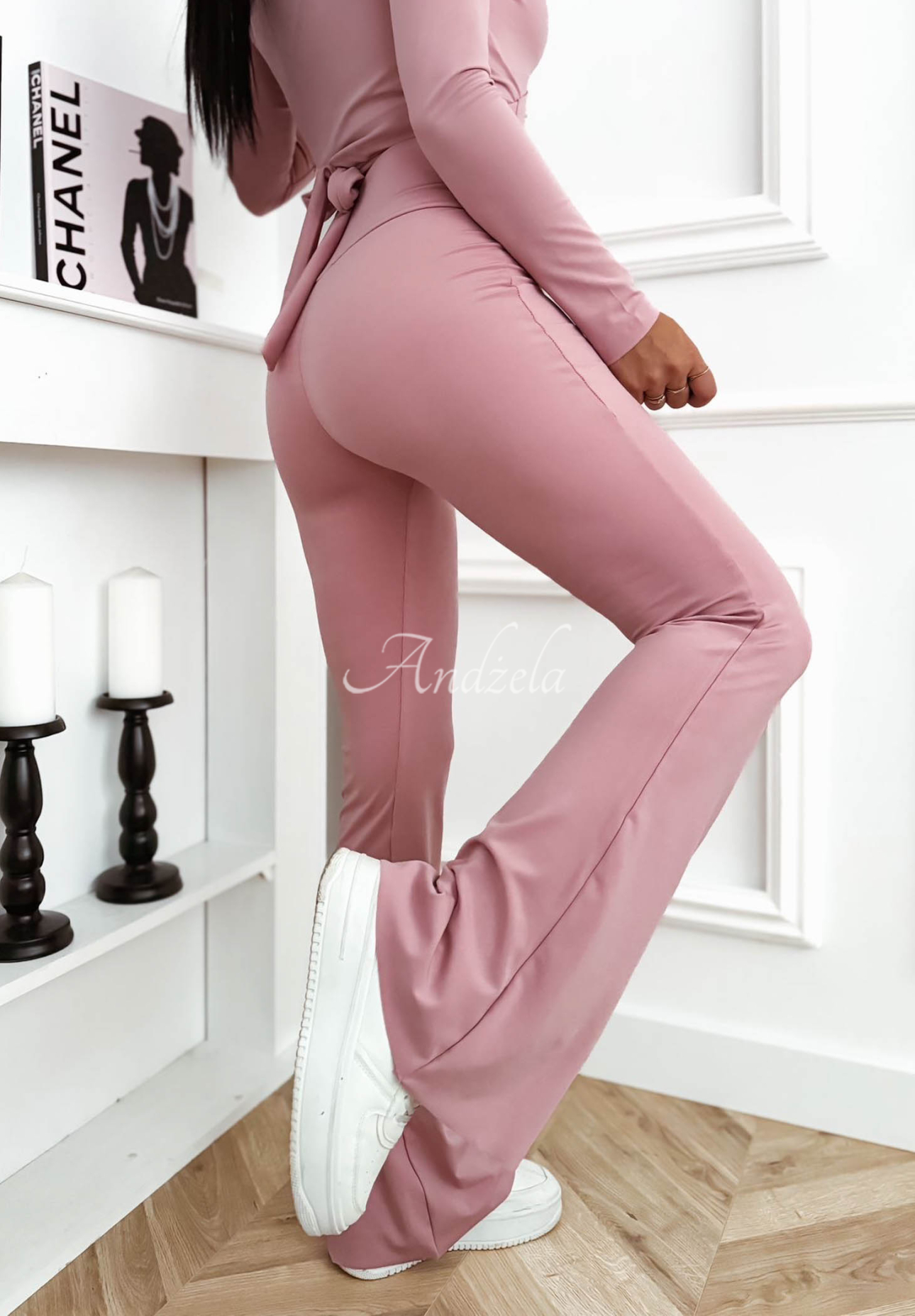 Can’t Stop powder pink viscose bell-bottom leggings