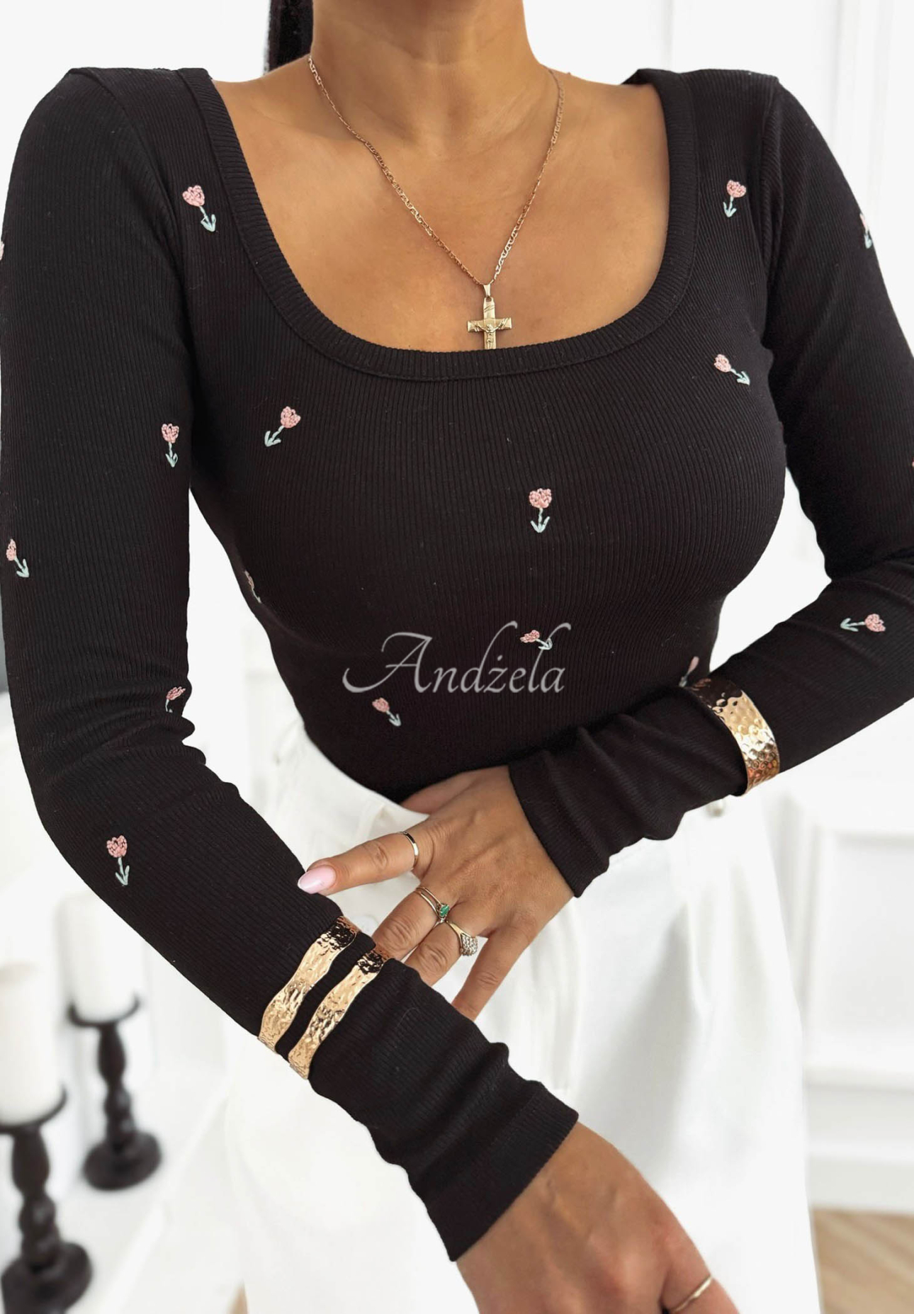 Rosalie black striped cotton floral blouse