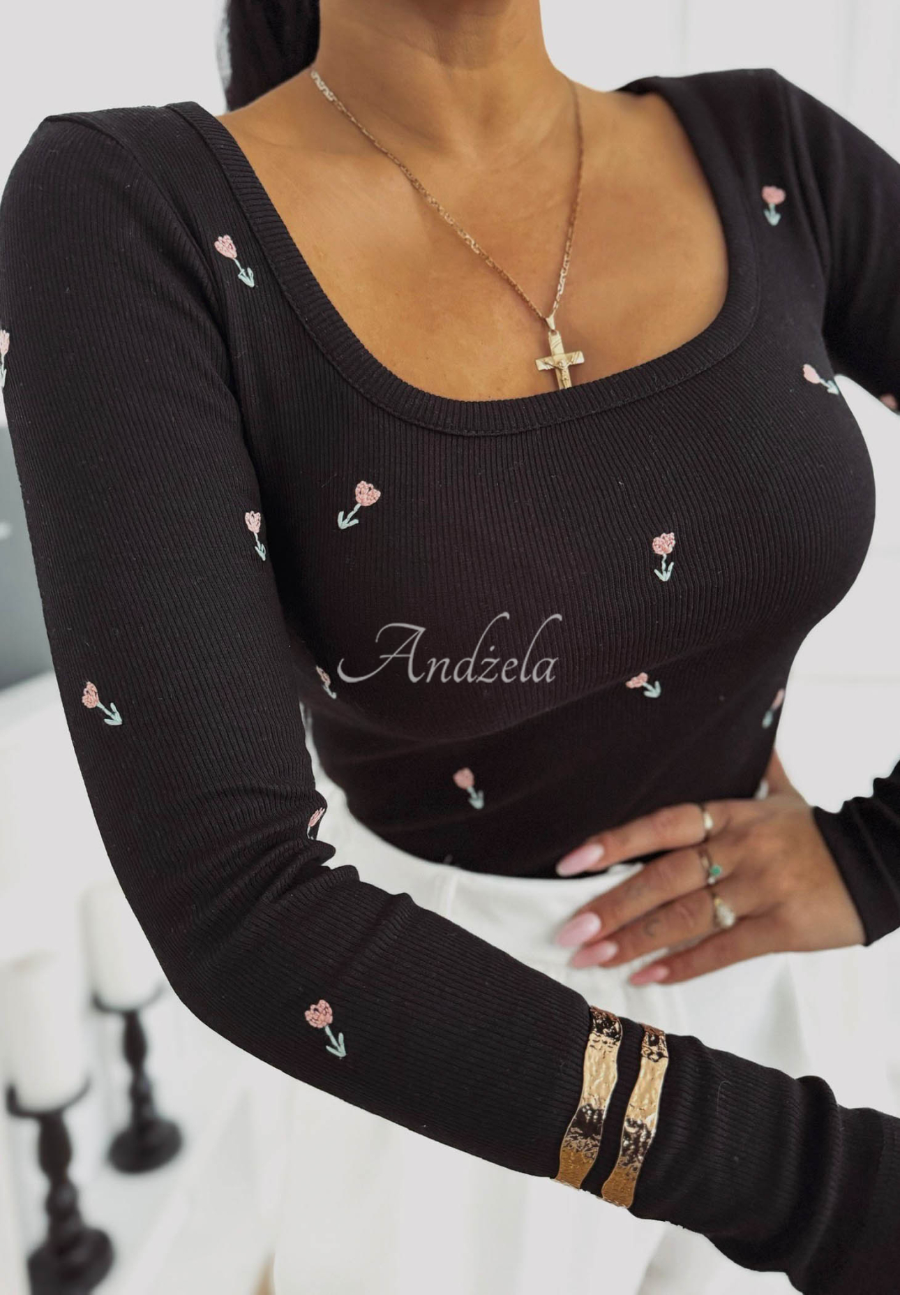 Rosalie black striped cotton floral blouse