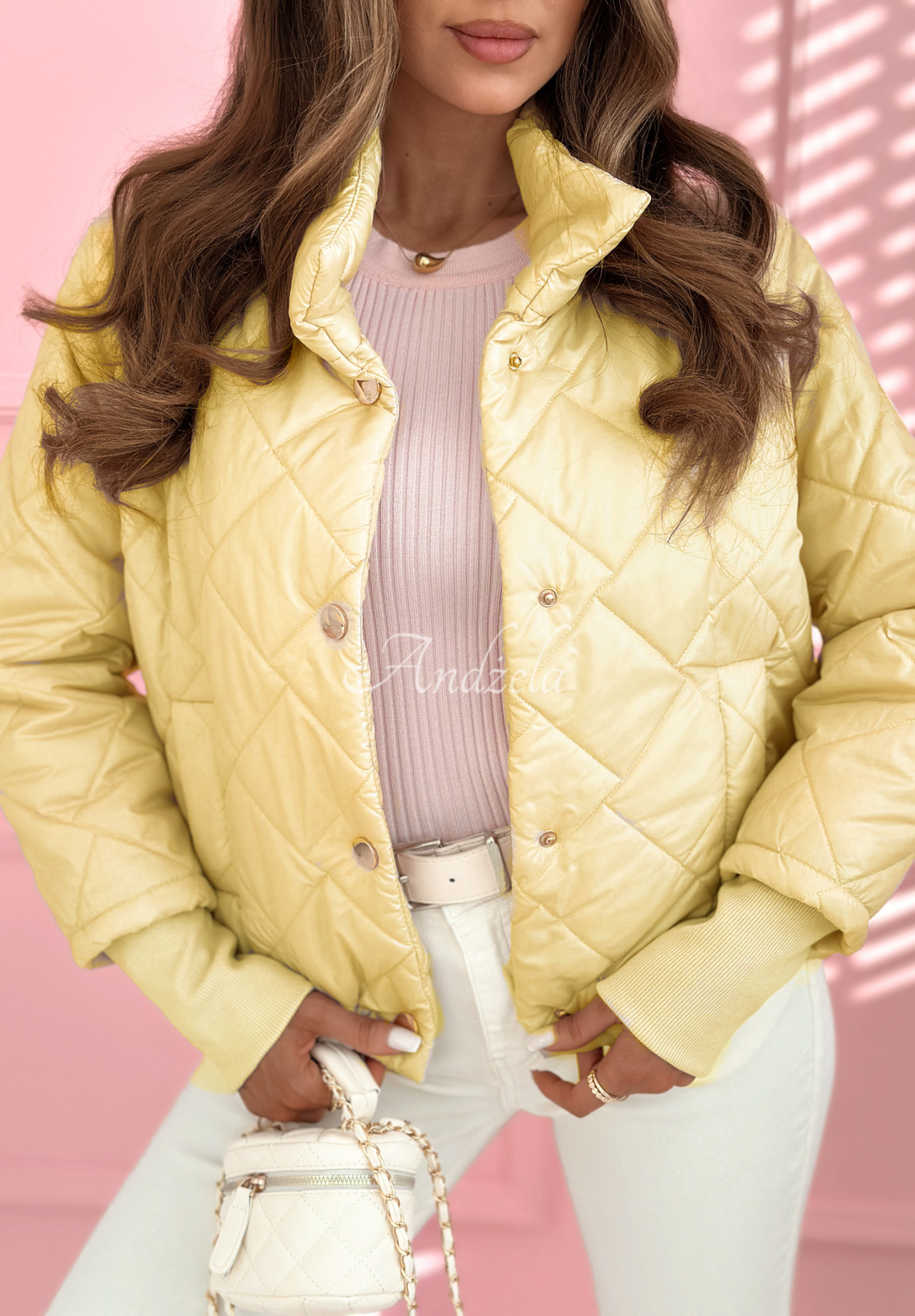 Hilda yellow quilted jacket with stand-up collar