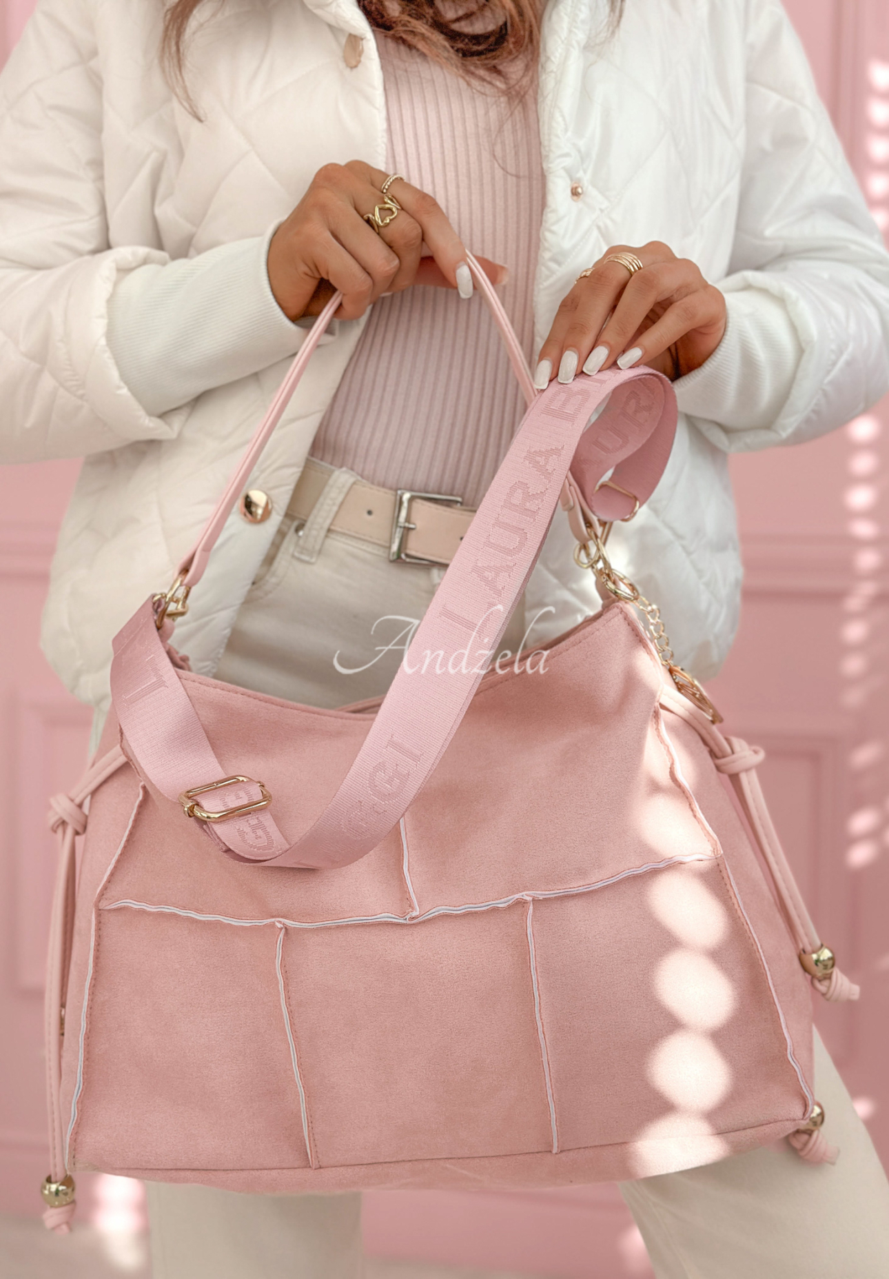 Everyday Smile light pink bag with decorative stitching