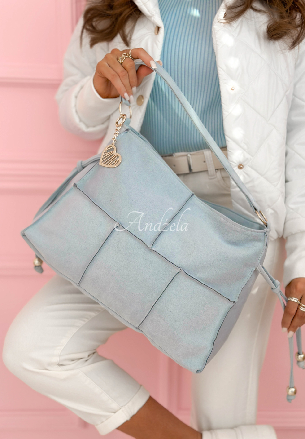 Everyday Smile blue bag with decorative stitching
