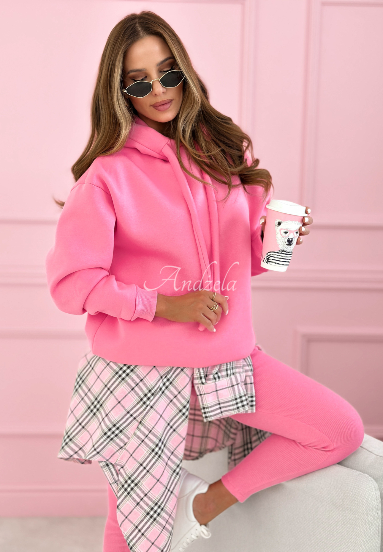 Bawełniany komplet dresowy bluza z kapturem i legginsy Hot Duo różowy