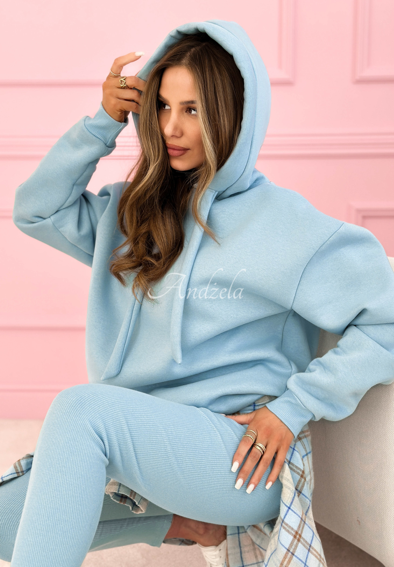 Bawełniany komplet dresowy bluza z kapturem i legginsy Hot Duo błękitny