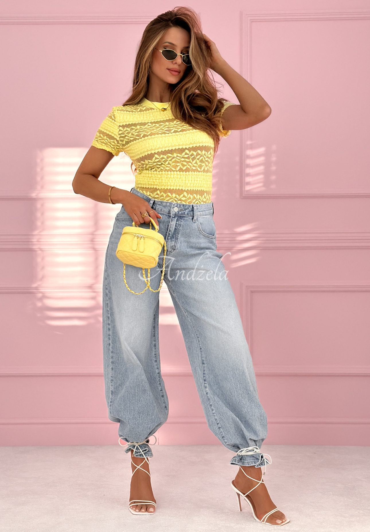 Secret Reverie yellow lace blouse with short sleeves