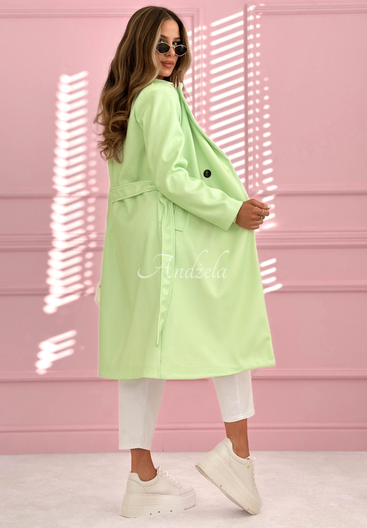 Długi dwurzędowy płaszcz z kołnierzem We Both Know pistacjowy