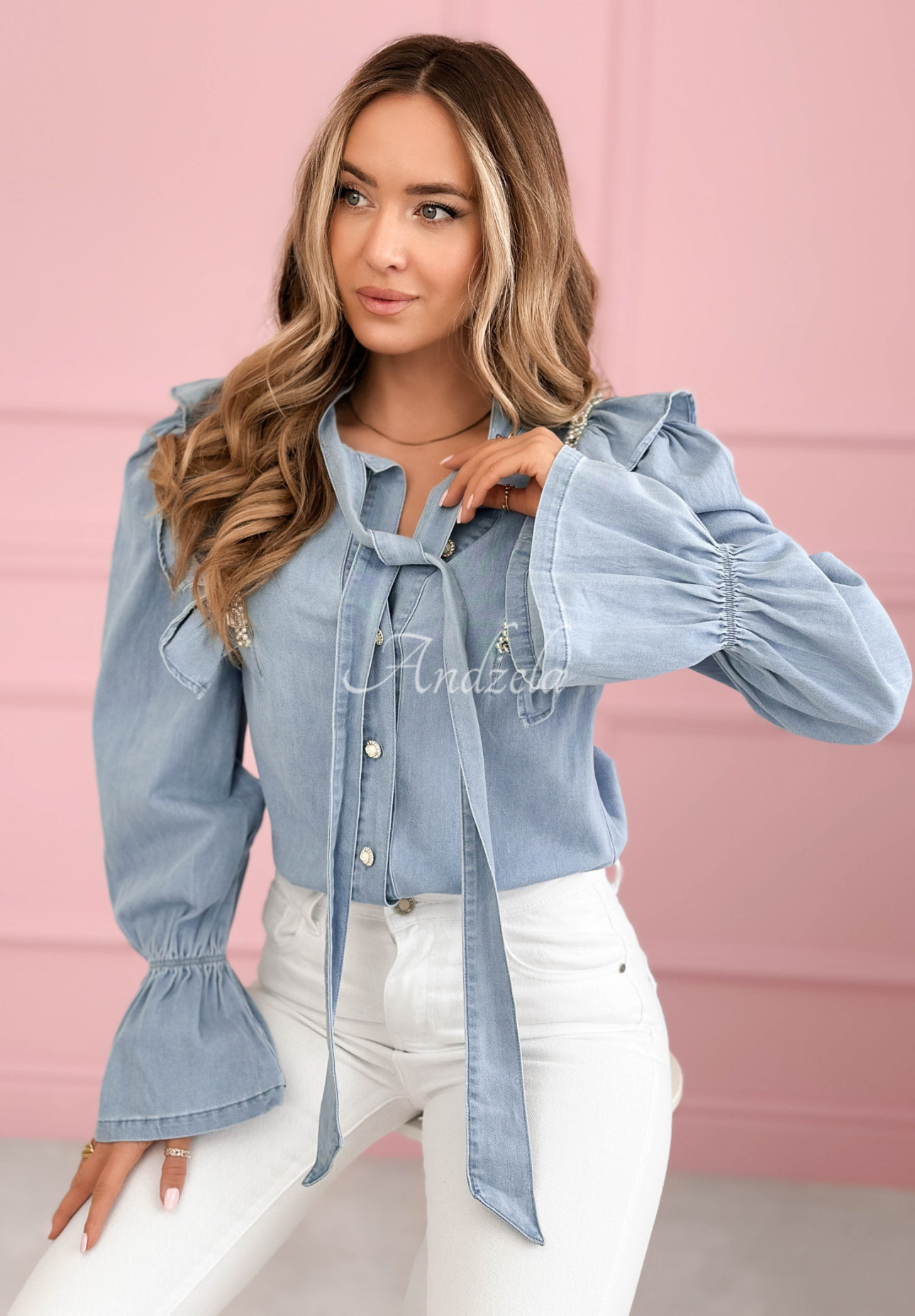 Nayara light blue denim shirt with frills and tie