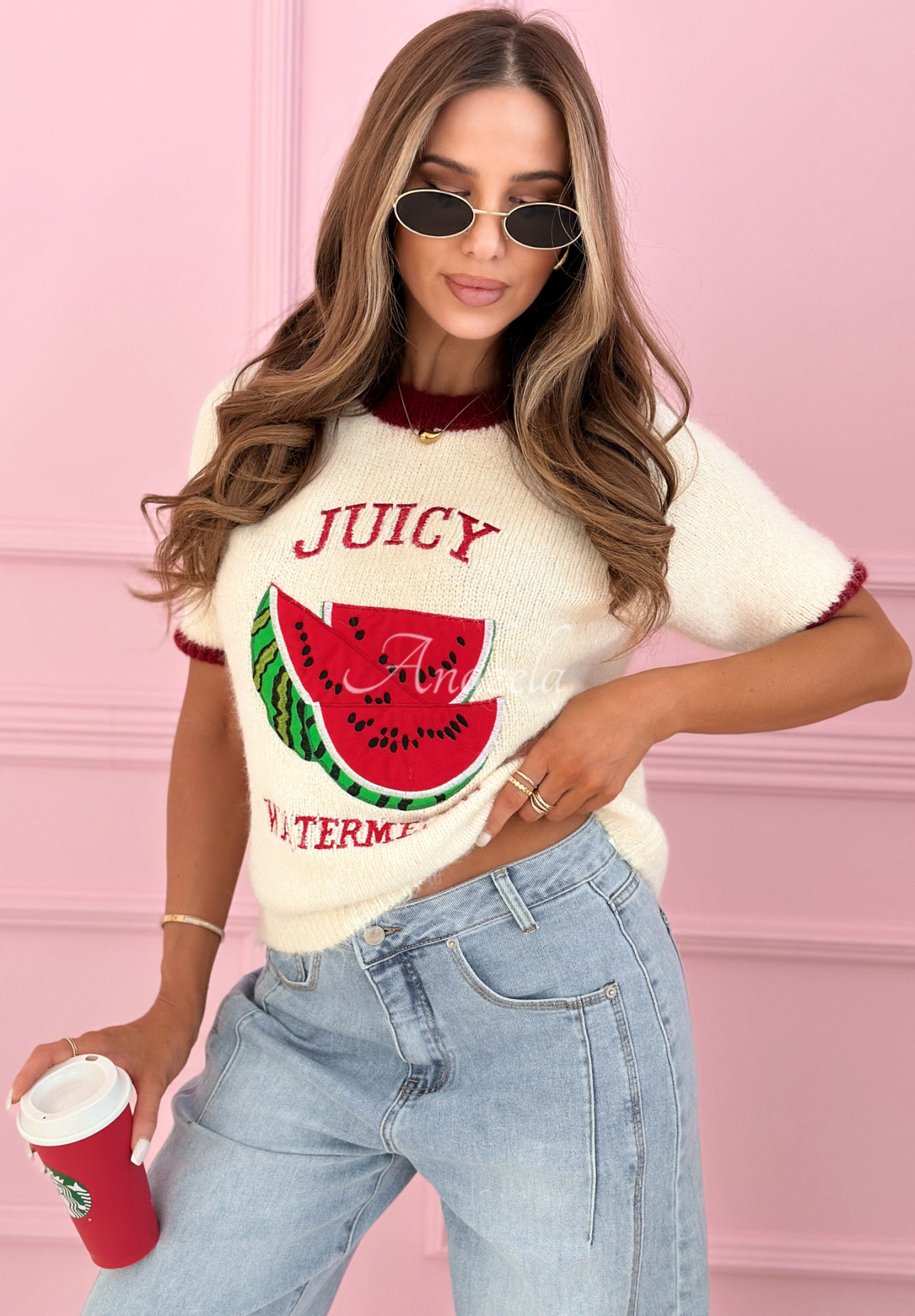 Sweter z naszywką na krótki rękaw Juicy Watermelon ecru