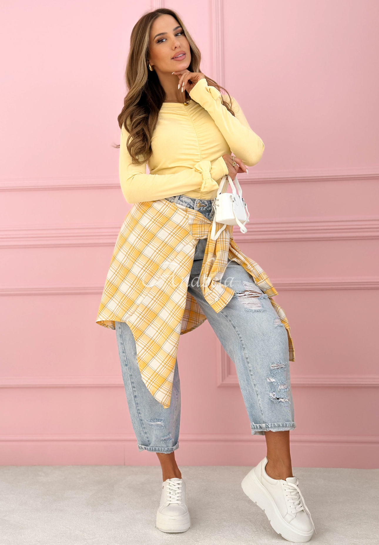 Bawełniana bluzka longsleeve z marszczeniami i kokardkami Cutie Bows żółta